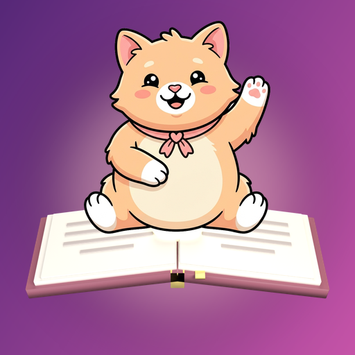 Ícone de Palavras da Bíblia: Meow Jump — um gato acenando, sentado sobre um livro aberto